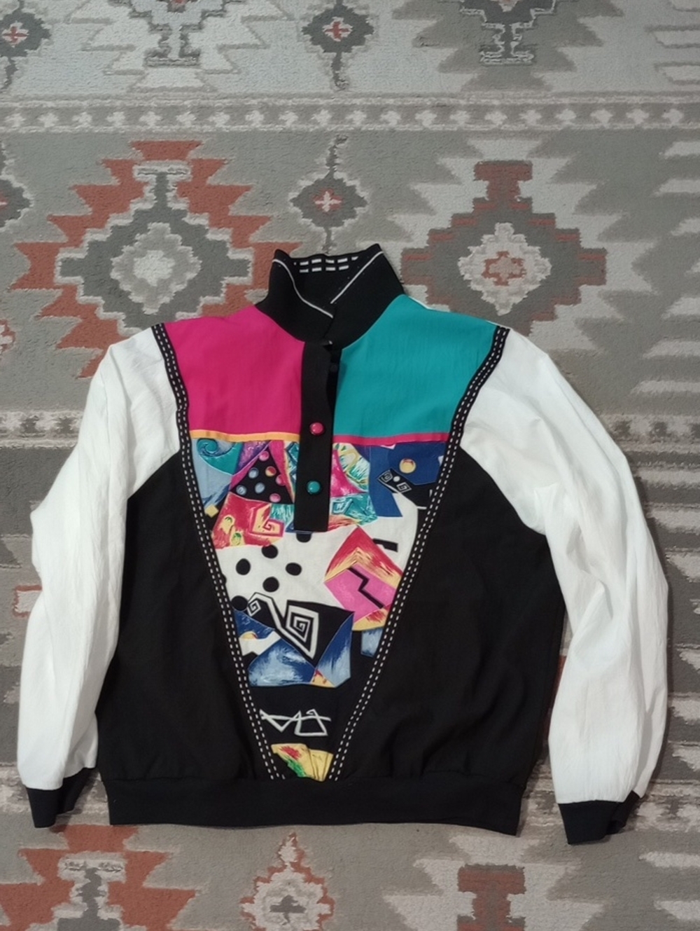 Teddi Colorblock Snap-Front Pullover in Black, Teal & Pink